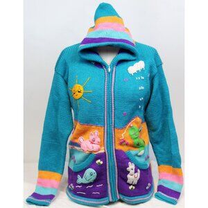 Peruvian Womens Lg Cardigan Sweater Whimsical Applique Fun Hoodie Animals Long
